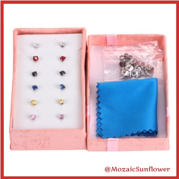 SET OF 6 Hypoallergenic 7MM Multi Color Faceted Princess Cut Stainless Steel NWT - Picture 6 of 7